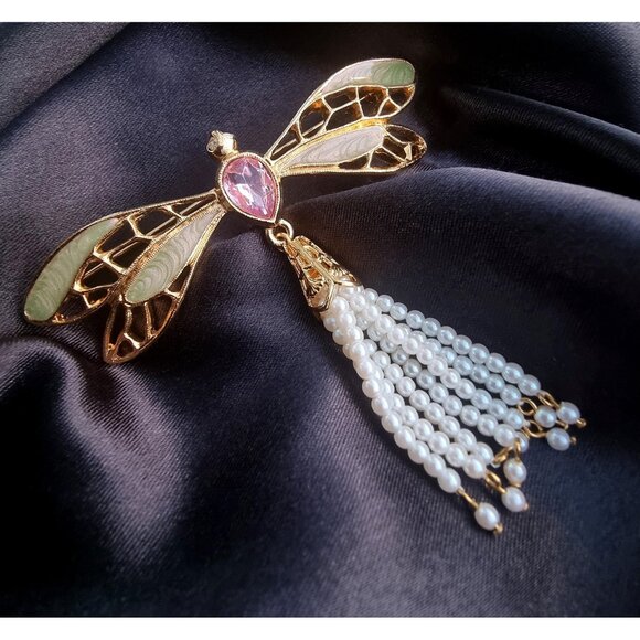 Vintage AVON Signed Dragonfly Green Enamel Pink Rhinestone Faux Pearl Beaded Tai - Picture 1 of 7